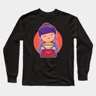 Cute Asian Girl Holding Noodle Cartoon Long Sleeve T-Shirt